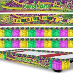 12 Pcs Mardi Gras Wagon Parade Float Decorations Kit Mardi Gras Decor for Trailer Green Gold Carnival Banner Foil Tinsel Garland Golf Cart Decoration for Carnival Party Supplies
