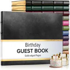 Gallery Leather Birthday Guest Book for Party Celebrations - Hardcover, Bound Leather Sign in Guest Book with 192 Lined Pages for Messages & Photos - 7" x 9" Acadia Black