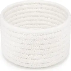 Small Woven Basket, Empty Tiny Shallow Storage Basket, Mini Cotton Rope Baskets, Round Decorative Hamper, Basket Storage Bins for Toys, Spa, Socks, Nursery, Living Room- White
