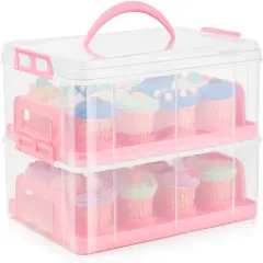 Cupcake Carrier, Cupcake Holder for 24 Cupcakes, Portable and Reusable Rectangular Cake Carrier with Lid and Handle, 2 Tier Stackable Layer Insert (Pink)