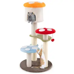 Multi-Color Plush Mushroom Cat Tree with Sisal Scratching Posts, Condo and Platforms