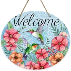 Welcome Spring Hummingbird Birds Sign for Front Door Decor, Floral Flowers Wood Door Hanger for Outdoor Outside Porch, Seasonal Summer Farmhouse Wooden Wreath Indoor Wall Hanging Decoration