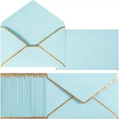 50 Pack A7 Envelopes Light Blue 5 x 7 Self-Adhesive V Flap Envelopes with Gold Border for Office, Greeting Card, Wedding, Graduation, Baby Shower, Parties, Invitations (Light Blue, 5x7)