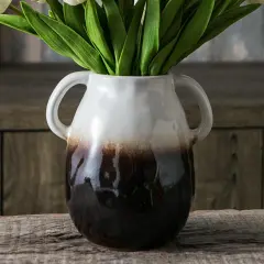 White Gradient Ceramic Vase with 2 Handles, Modern Farmhouse Vase for Home Decor, Rustic Terracotta Vase, Decorative Pottery Vase, Clay Flowers Vase, Centerpieces for Dining Table - 7 Inch