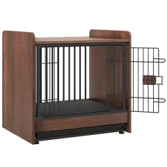 Rustic Brown 2-in-1 Wooden Dog Crate End Table with Removable Pull-Out Tray and Lockable Door
