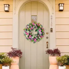 22&rdquo; Artificial Flower Wreath,Colorful Daisy Morning Glories and Green Leaves Wreath Spring/Summer Floral Decoration for Front Door Wall Window Holiday Party Wedding Decor