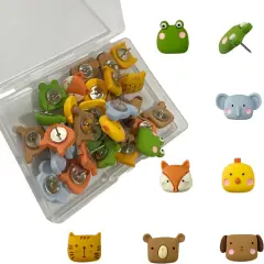 30 Pcs Animal Push Pins Cute Push Pins Photo Wall Map Cork Board Decorative Drawing Pins for Fox, Frog, Chick, Bear, Dog, Cat, Elephant Thumbtack