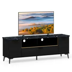 Black Faux Marble TV Stand with Gold Edges, Storage Cabinets and Adjustable Shelves