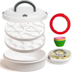 Premium 4 in 1 Cupcake Carrier with Lid - Cupcake, Deviled Egg, Pie & Cake Container - Includes Pie Crust Shield & 12 Silicone Baking Cups