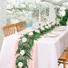 Flower Garland with Lights, Greenery Floral Garland with Camellia Rose Buds Fake Flowers for Wedding Arch Party Tables Mantle Backdrop Room Decor