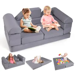 Suede Fabric Convertible Kids Play Couch Set with Foam Blocks and Cushions Gray