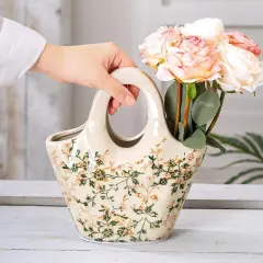 Ceramic Purse Vase for Flowers, Cute Handbag Vase, Vintage Green and Beige Floral Vase, Rustic Farmhouse Vase for Living Room, Kitchen, Bedroom, Table Centerpiece, Chinoiserie and Tuscan Decor 9 Inch