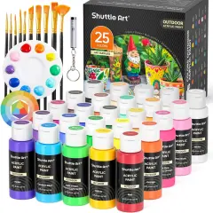 25 Colors Outdoor Acrylic Paint Set, 2oz/60ml Waterproof Acrylic Paint with 10 Brushes 1 Palette, Rich Pigmented Paints for Artists, Beginners on Rocks, Wood Crafts, Garden Statues