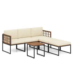 6 Pieces Wood and Metal Patio Furniture Set with Coffee Table and Square Ottomans