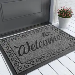 Welcome Mat, Heavy Duty Sturdy Door Mats for Home Entrance Outdoor Indoor, Front Doormat for Outside Patio Floor Entry Porch Garage Office, Waterproof, Low Profile, 29.5 x 17, Black Grey