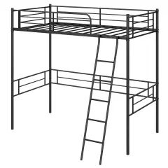 Black Metal Loft Twin Size Bed with Guardrails, Ladder, and Space-Saving Design