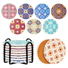 Set of 8 Ceramic Coasters for Drinks with Cork Base and Iron Holder, Mediterranean Tile Designs (4 Inches) Multicolor