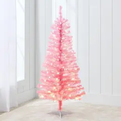 4ft Pre Lit Christmas Tree Mini Artificial Tree with Twinkling LED Lights for Bedroom or Apartment Pink