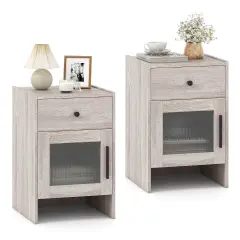 Costway 1/2 PCS Farmhouse Nightstand Fluted Bed Side Table with Large Drawer & Enclosed Cabinet