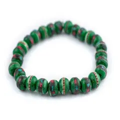 The Bead Chest Mala Stretch Bracelet, Green - Stackable Nepal Bone Inlaid with Turquoise & Coral Colors, 100% Authentic and Genuine