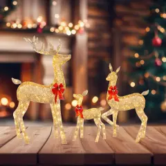 Handwoven Champagne Holiday Deer Family for Rustic Christmas Decorations 63" + 52" + 37"