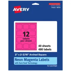 Avery Neon Magenta Paper Labels, 2" x 2-3/16" Arched Square