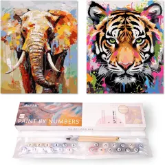 Artist Canvas and Acrylic Paint Set ColorfulTiger and Elephant Decorative Painting Great forBeginners Perfect for Wall Decor 16x20 in.
