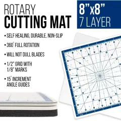 8" x 8" Rotary WHITE/BLUE High Contrast Professional Self Healing 7-Layer Durable Non-Slip Cutting Mat Great for Scrapbooking, Quilting, Sewing and all Arts & Crafts Projects