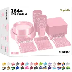 Exquisite 350 Pcs Plastic Plates for Party &ndash; Disposable Plates Set &ndash; 50 Each of 9" Dinner Plates, 7" Dessert Plates, Plastic Cups, Napkins & Plastic Cutlery &ndash; Plastic Dinnerware by Party Solids Pink