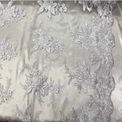 1 Yard Premium Sequin Lace Fabric with Embroidered Cord Mesh and Double Scalloped Border 51" Width