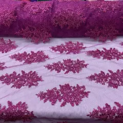 1 Yard Magenta Sequin Lace Fabric 51" Wide 100% Polyester Embroidered Mesh with Scalloped Edge for Bridal & Evening Wear