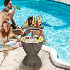 Costway 8 Gallon 3 in 1 Patio Rattan Cooler Bar Table Adjust Ice Bucket Brown\Black