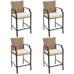 Costway 4PCS Patio Rattan Bar Stool Chairs Cushioned Seat Footrest & Armrest