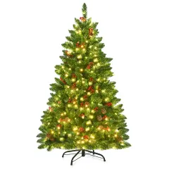 Costway 4.5Ft Pre-lit Hinged Christmas Tree w/ Pine Cones Red Berries and 300 LED Lights