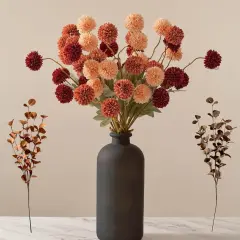 Burnt Orange Faux Kiku Flowers Artificial 10 Stems