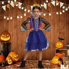 Kids Disney Evil Queen Costume Purple Black Dress with Crown Headband