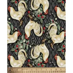 Strawberry Chickens Black Cotton Fabric | By the Yard | Sewing and Crafting | 44 inches wide