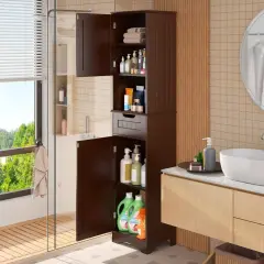 Freestanding Bathroom Storage Tower with Drawer and Adjustable Shelves for Kitchen or Living Room Dark-Brown