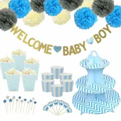 Welcome Baby Cake Toppers Blue Paper Flower Cupcake & Party D&eacute;cor