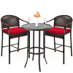 Best Choice Products 3-Piece Outdoor Wicker Bistro Bar Height Set for Patio, Garden w/ Barstools, Steel Frame Brown/Red
