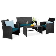 Best Choice Products 4-Piece Outdoor Wicker Patio Conversation Furniture Set w/ Table, Cushions Black/Peacock