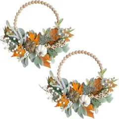 2PCS 16inch Wood Beads Fall Wreath Eucalyptus Berries Pumpkins Lamb Ears Leaves