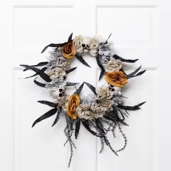 Northlight Skulls with Roses Halloween Foliage Wreath - 14" - Unlit Gray