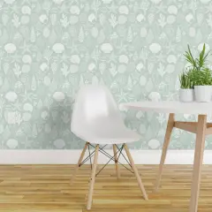 Peel & Stick Wallpaper 2FT Wide Mint Coastal Seashells Nautical Sage Green Neutral Calm Serene Minimal Simple Beach Ocean Seaside Custom Removable Wallpaper by Spoonflower