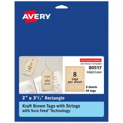 Avery Kraft Brown Rectangle Tags with Sure Feed Technology, 2" x 3.5", Laser/Inkjet, 64 Printable Tags with Strings Included, Also Great for Gift Tags and Favor Tags (80517)