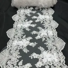 3 Yard Sequin 3D Lace Fabric 33cm Wide Polyester Embroidered Mesh with Pearls & Scalloped Edge White