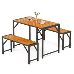 Natural Acacia Wood 3-Piece Dining Set, Metal Frame Table and Benches