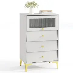 Grey & White Storage Cabinet with Fluted Glass Flip-Up Door and 3 Drawers
