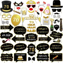 70th Birthday Party Photo Booth Props with Stick (50Counts) for Her Him Funny Chic 70th Birthday Black and Gold Decorations, Konsait 70 Happy Birthday Party Favors Supplies for Adults Men and Women