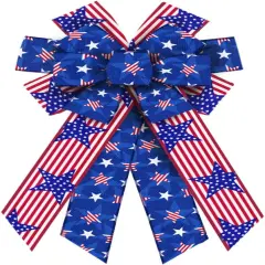 Large Patriotic Wreath Bows, 4th of July Red Blue White Stripe Bows for Wreath Patriotic Star Bows for Front Door Memorial Day America Flag Wreath Bows for Indooor Outdoor Fence Wall Decor